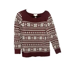 Loft Sweater Womens Size M Burgundy Fair Isle Long Sleeve Pullover Snowflake